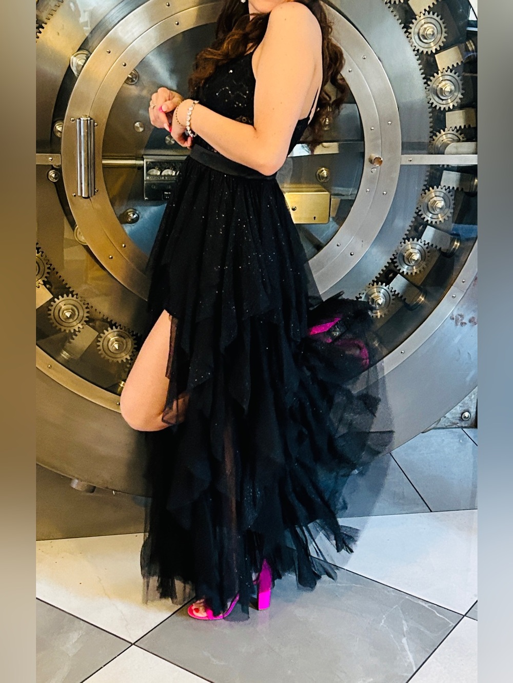 Windsor Black Asymmetrical Layered Ruffle Tulle Dress - Picture 4 of 5